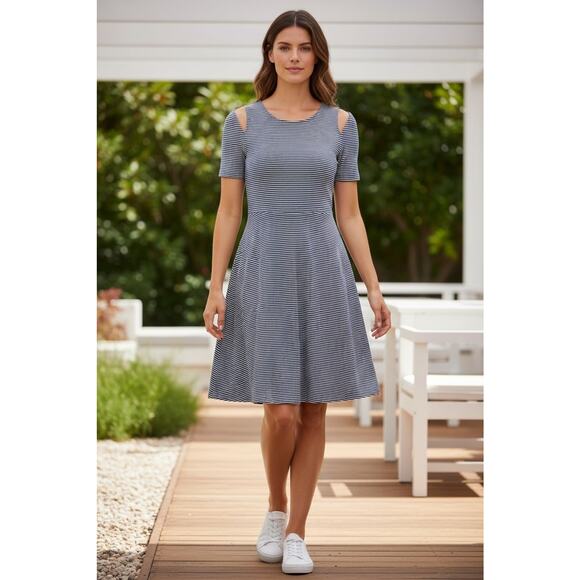 Janette Plus Cold Shoulder Striped Dress 1X Short Stretch Black & White - Picture 1 of 6